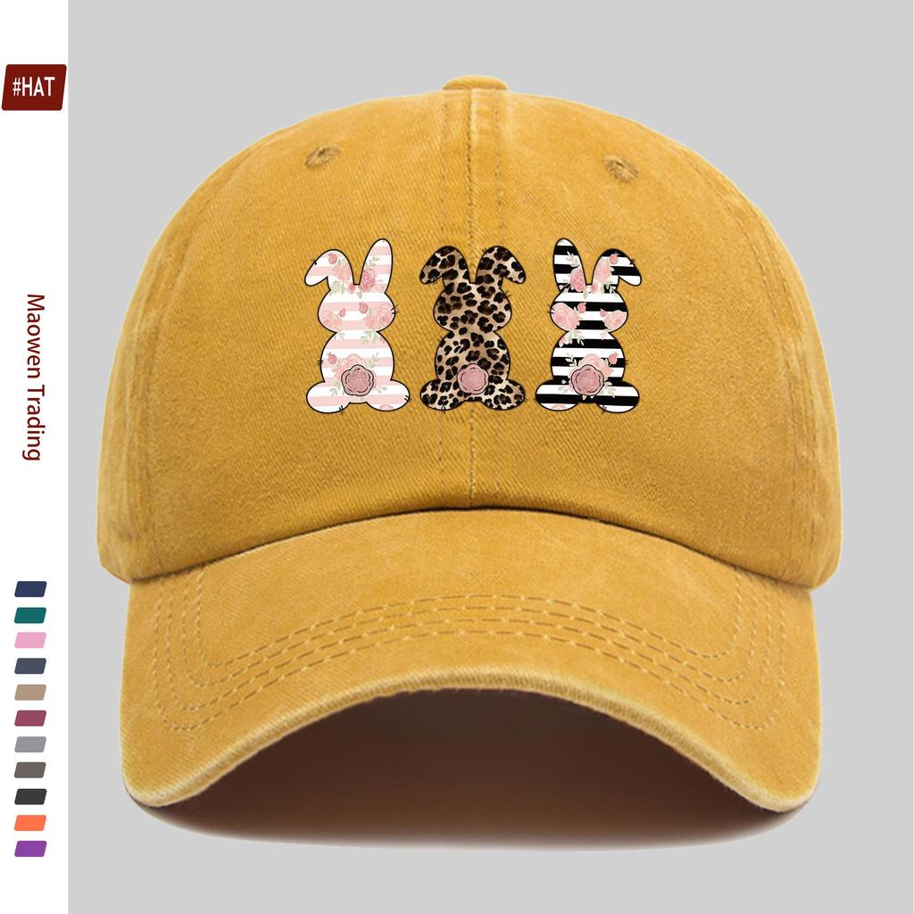 Pc Cute Rabbit Print Baseball Cap  Striped And Leopard Print Design Adjustable Buckle Closure Lightweight Polyester Ideal