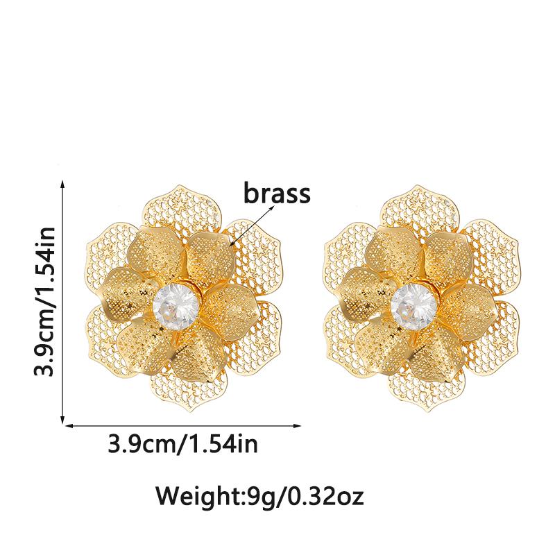 Trendy Exaggerated 2-layer Metal Flower Clip On Earrings for Women Retro Dimensional Hollow Zircon Earrings Statement Jewelry