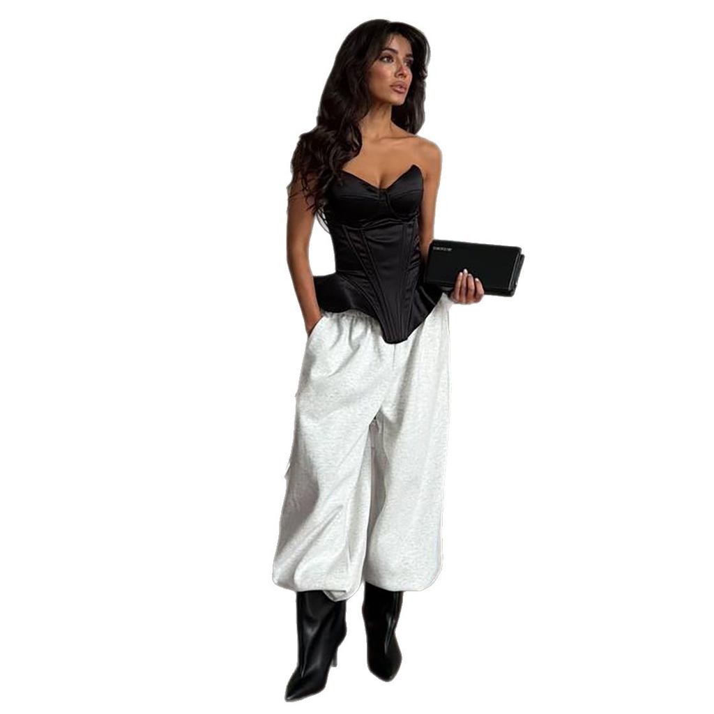 European and American style sexy fish bone waist tube top versatile design sense satin hip vest top cross-border Spice Girls women's clothing