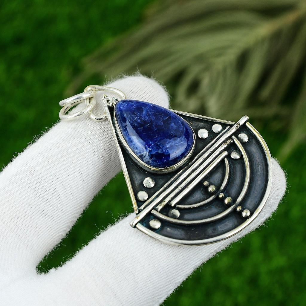 Pear Sodalite Stone Sterling Silver Bezel Art Deco Birthday Sister Boho Pendant