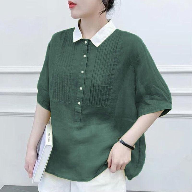 Casual Solid Color Peter Pan Collar Shirt  Summer Stylish Pleated Female Streetwear Button Loose Spliced Short Sleeve Blouse