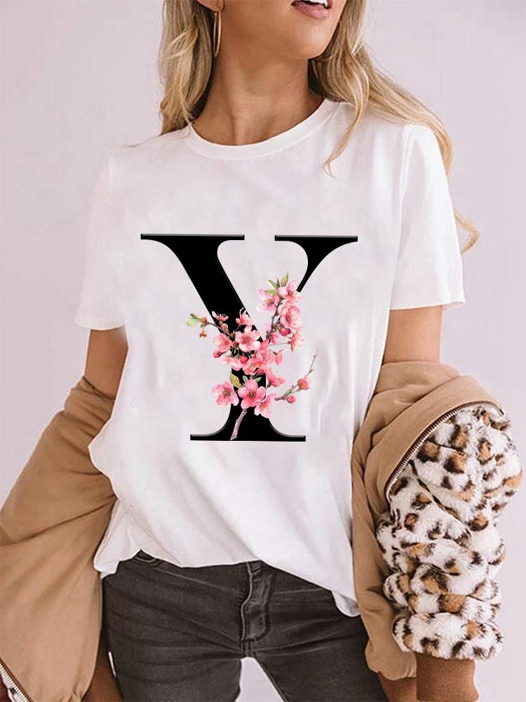Elegant Cherry Blossom Initial Az Tshirt Unisex Crewneck Floral Letter Graphic Girls Y2k Tops Fashion Mama Birthday Gift Tshirt