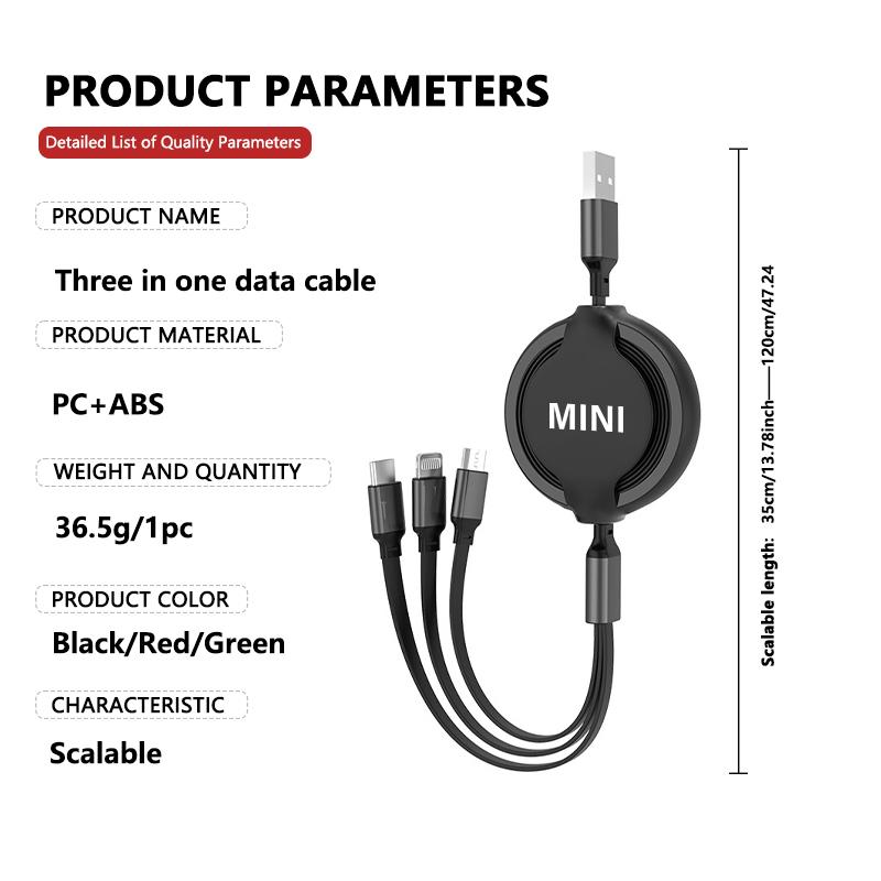 For MINI Multifunctional 3 in 1 Retractable Data Cable Fast Charging Data Wire Cooper One S JCW Countryman R56 R50 R53 R55 F56 ulqch44