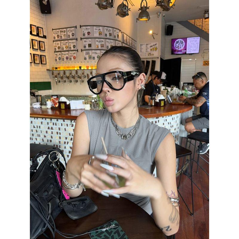 Kkx European and American Gyaru Style Street Sexy Backless Hollow out Mesh Personality Slimming Sleeveless round Neck Vest Women's Top