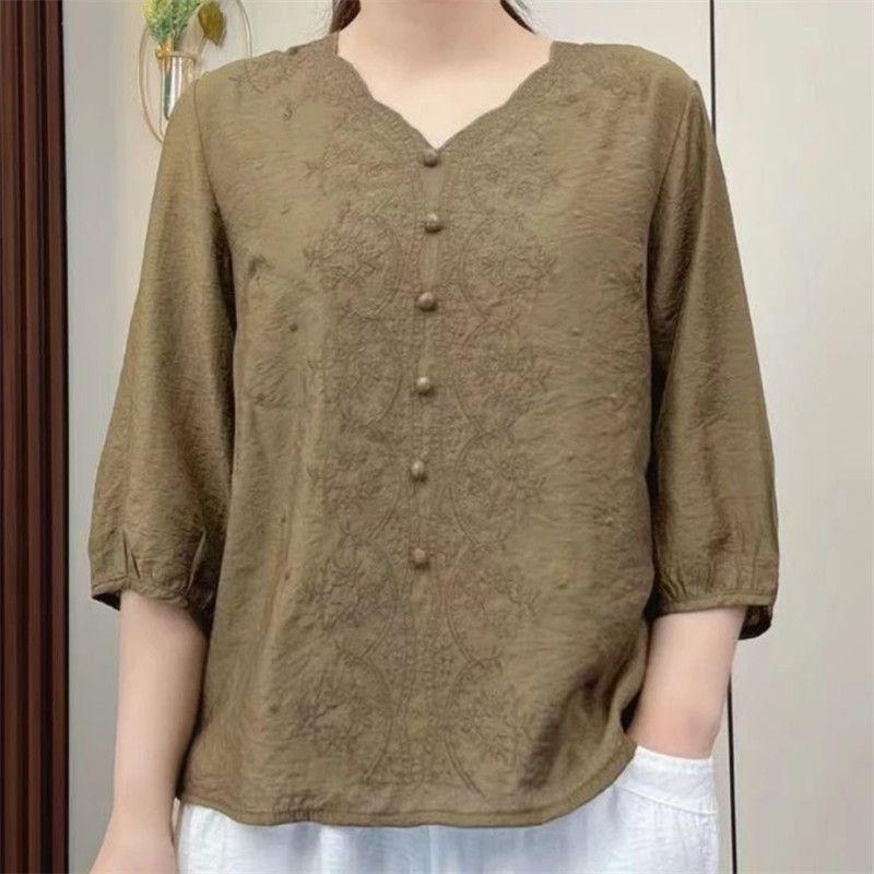 Summer Women's Retro Embroidered Cotton Linen V-neck Mid Sleeve Middle-aged Women's Fashionable Casual Plus Size Loose Top
