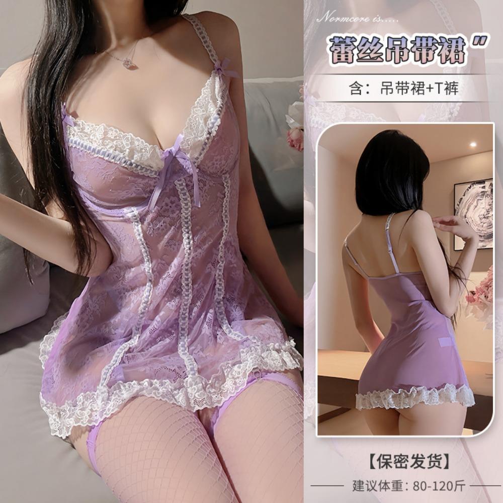Domila's New Sex Underwear Sexy Perspective Tulle Fashion Deep V Backless Retro Lace Suspender Nightdress