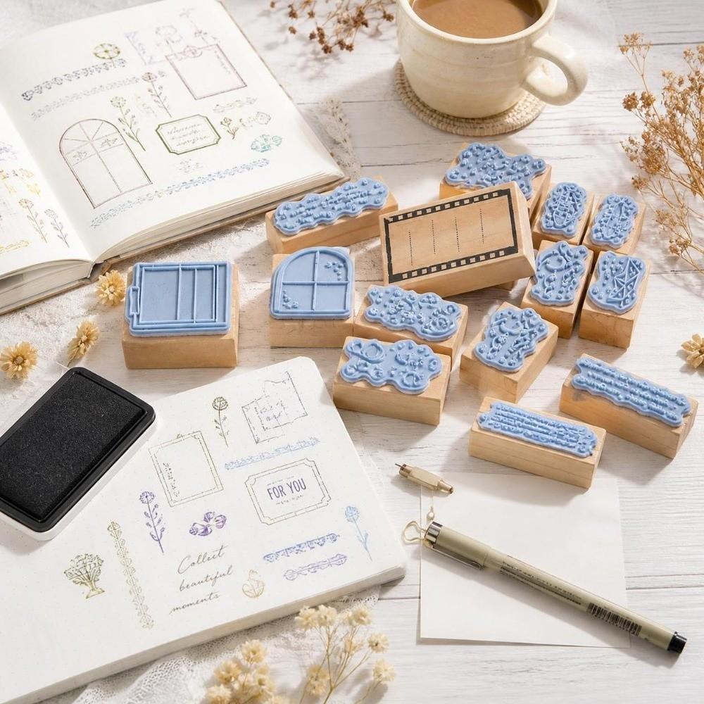16pcs Delicate Carving Wooden Rubber Stamp Set Clear Imprint Rectangle Stamp Set  For DIY Crafts