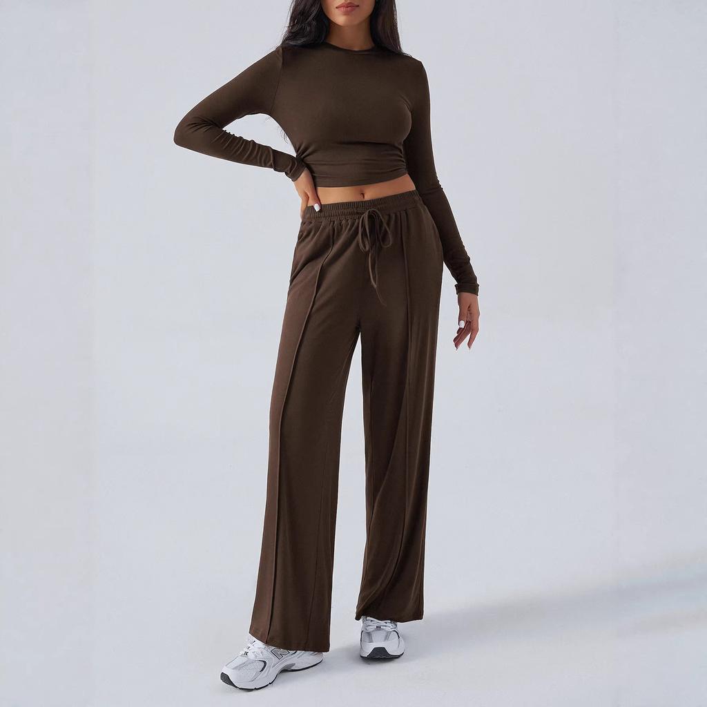 European and American Suits Autumn and Winter Women's Tether Solid Color Waist Fashion Wide-leg Casual Trousers Women