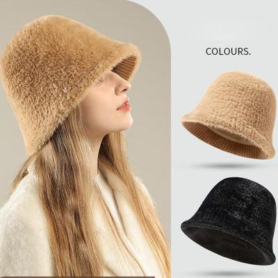 Pălărie pentru femei, toamnă iarnă, imitație coreeană, pălărie cu găleată, pălărie îngroșată, caldă, drăguță, albă, pălărie