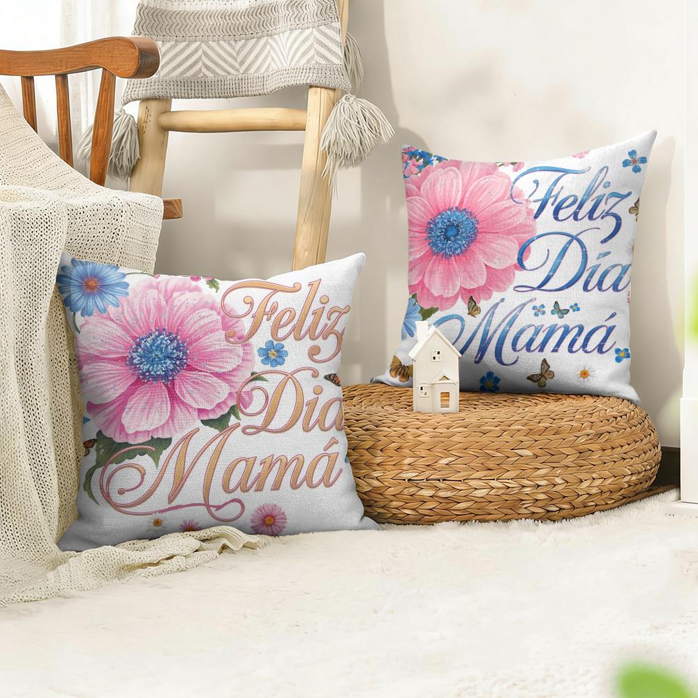 Feliz Dia MaMa Flowerss Cushion Cover Natural Linen Organic Fabric DoubleSided Printing Sofa Home Decor Gift Pillow Cover