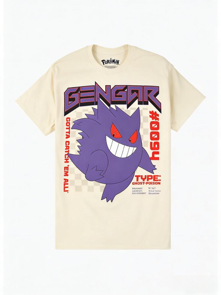 Bandai New Gengar Checkered Cartoon Print High Quality Men's Short Sleeve Parent-Child Loose Comfortable T-Shirt