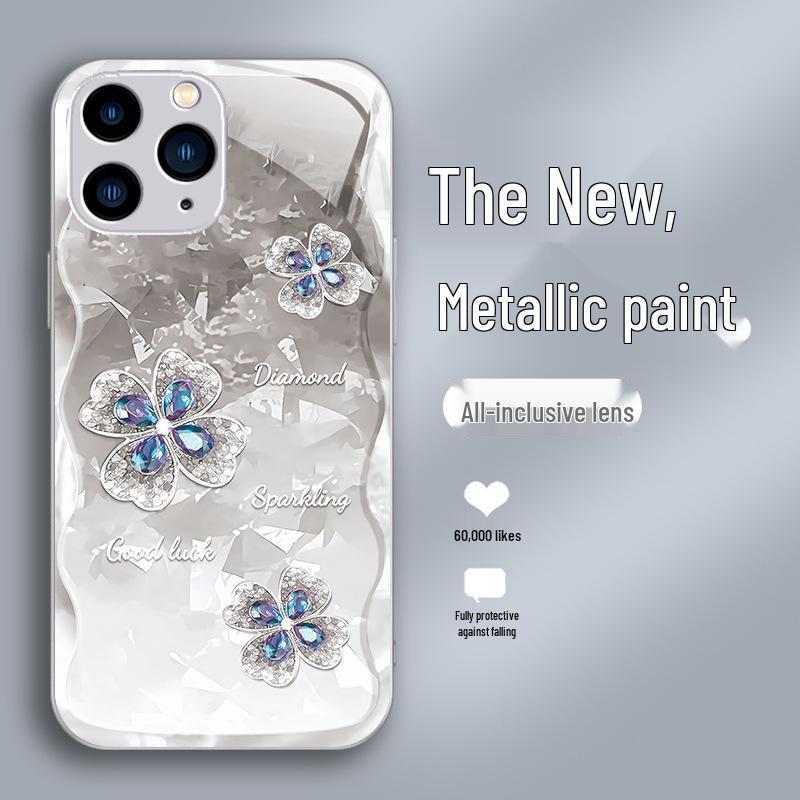 

Совместимо с iPhone 13/Plus: Позолоченный чехол из жидкого стекла с четырехлистным клевером для iPhone 13 Pro с защитой линз и повышенной прочностью. iPhone 14 Plus серебряный