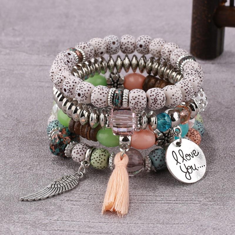 4PCS Bohemian Multi-Strand Beaded Bracelet Set with Fringe Tassel & Wing "I Love You" Charm - Women's Layered Jewelry Gift for Summer Fashion