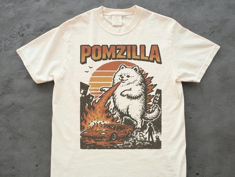 

Funny Pomeranian Godzilla Shirt Vintage Comic Monster T Shirt Full Size S3XL Unisex T-Shirt S