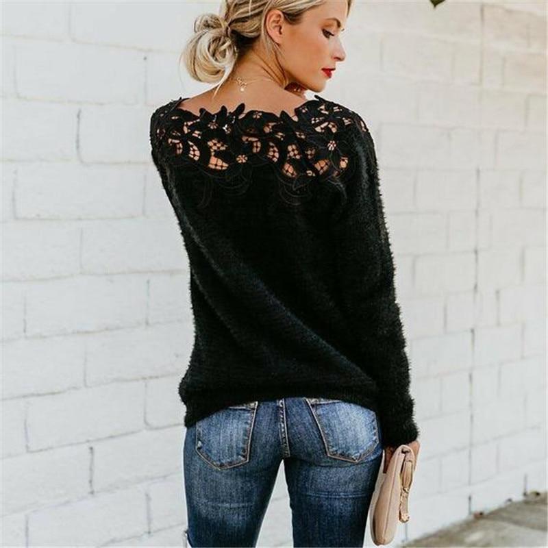 SCIONE Pullover Damen Sexy Spitze Hohl Strickpullover Langarm Pullover Tops Damen Jumper Out Strickwaren