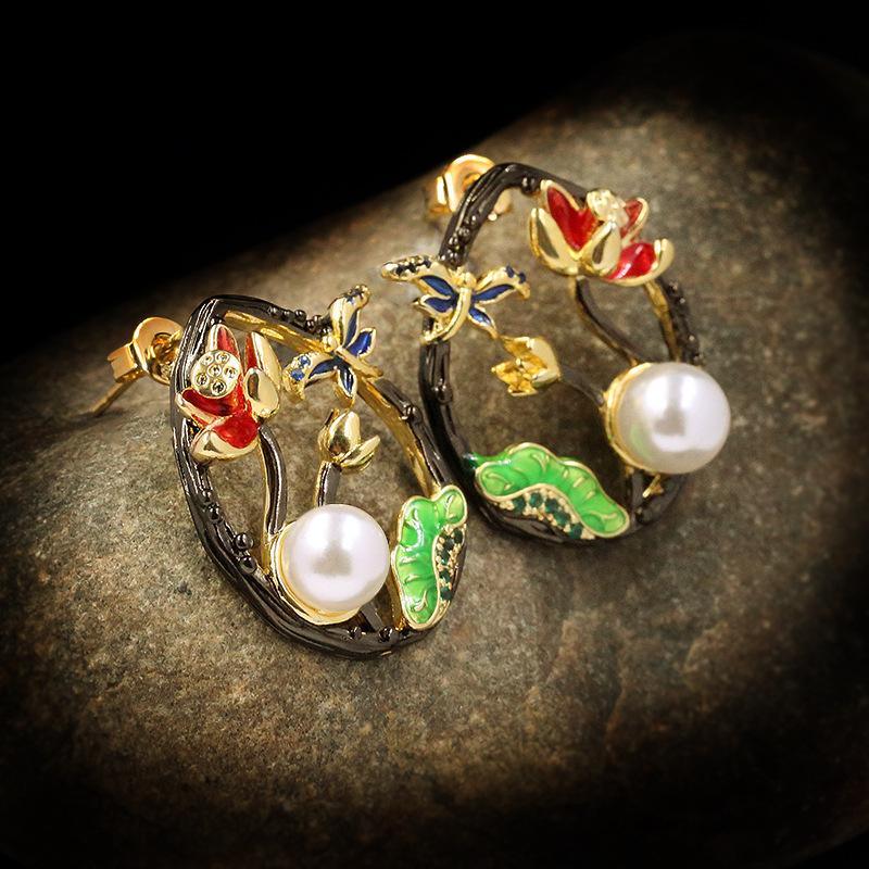 Fashion Retro Enamel Wild Fresh Lotus Earrings 925  Pearl Earrings Studs for Women Jewelry Gift Party Wedding