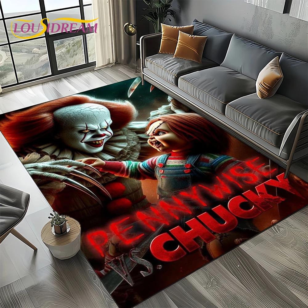 Horror Movie Chucky Pennywise Halloween Saw Character Carpet Rug for Living Room Bedroom Home Sofa Decoration,Non-slip Floor Mat