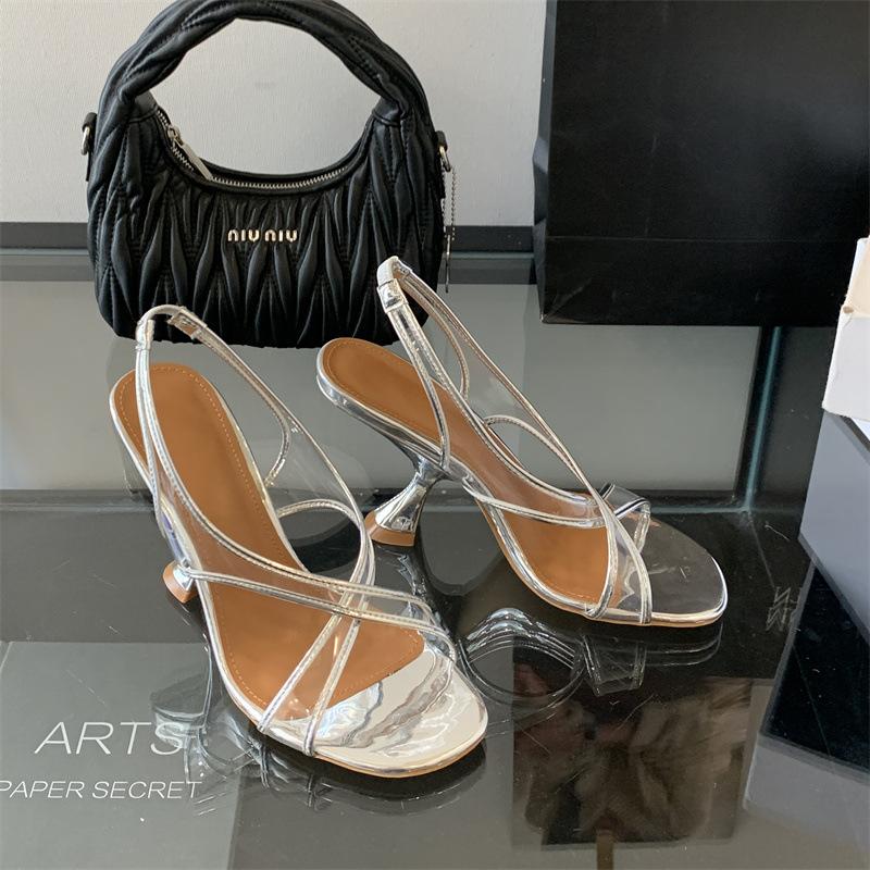 2025 summer new high-end cross-strap transparent sandals round head open-toed versatile high heels silver