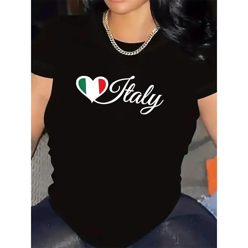 Kurzarm-T-Shirt für Damen, Italien Herz Design, Polyestergewebe, Leicht und Strapazierfähig, Perfekt für Freizeitkleidung, Reisen oder Restaurantbesuche