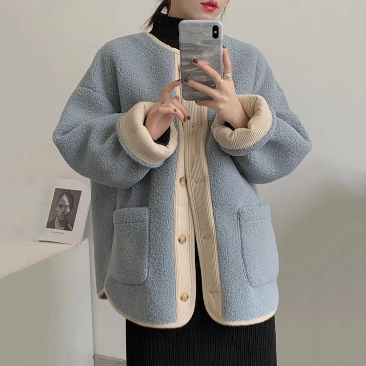 

Осенне-зимняя куртка из искусственной овечьей шерсти в стиле ретро, женская свободная утолщенная куртка из хлопка и флиса высшего качества 2XL синий