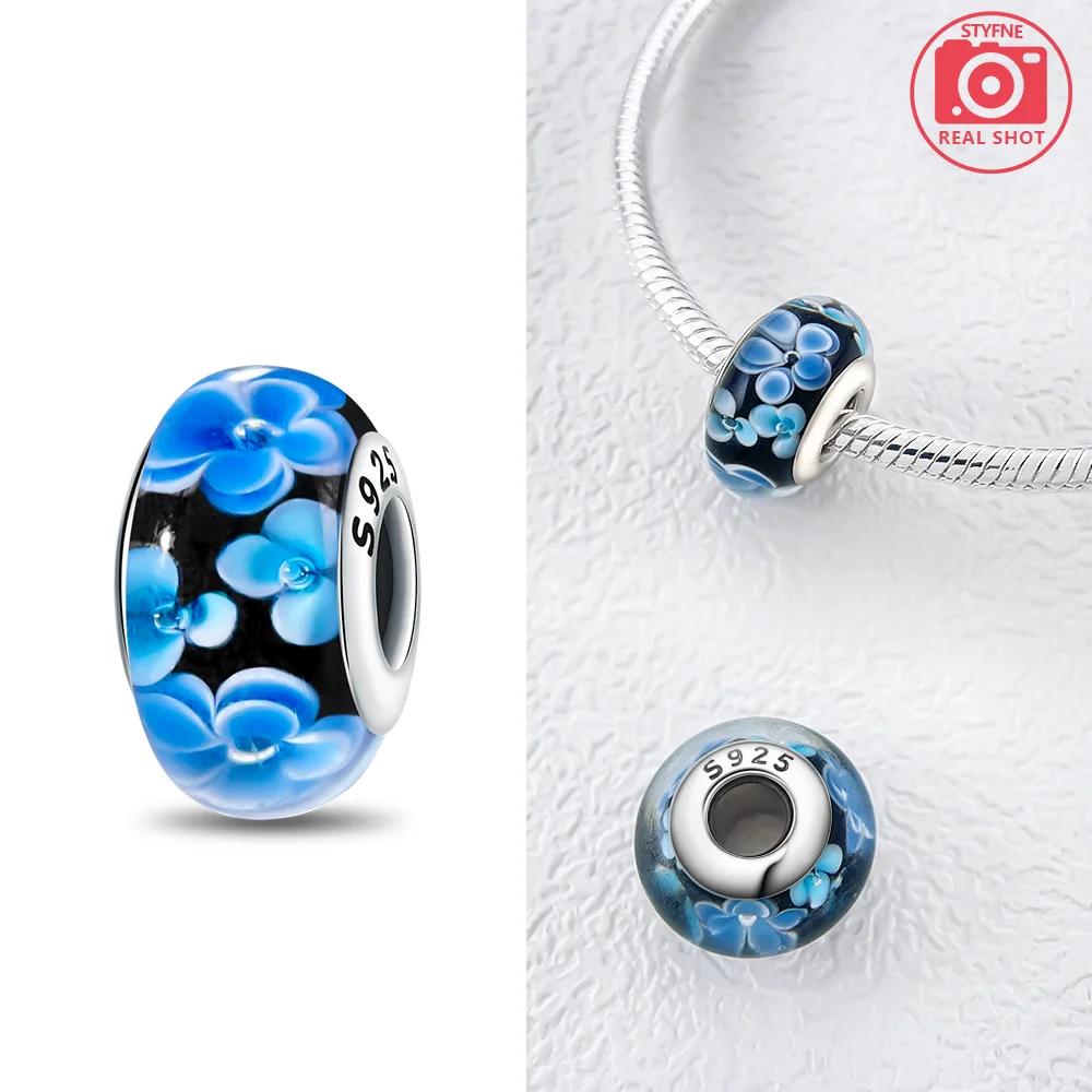 925 Silver Bracelet Women Diy Jewelry Gift Accessories Charms Beads Pink Murano Glass Blue Flower Butterfly Beads