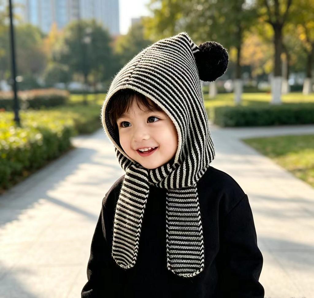 Children's striped hat and scarf integrated autumn and winter elf pointed hairball ear hat, windproof and warm for boys and girls
