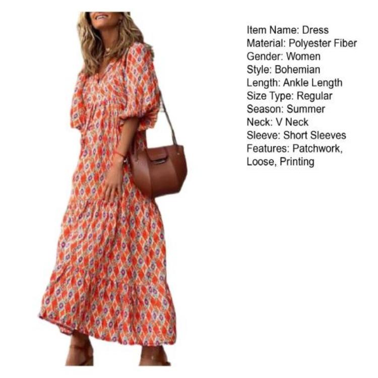 Women Bohemian Floral Print Dress V Neck A Line Maxi Beach Dress with Puff Sleeves Casual Loose Printed High Waist Swing Hem Dress for Beach Party