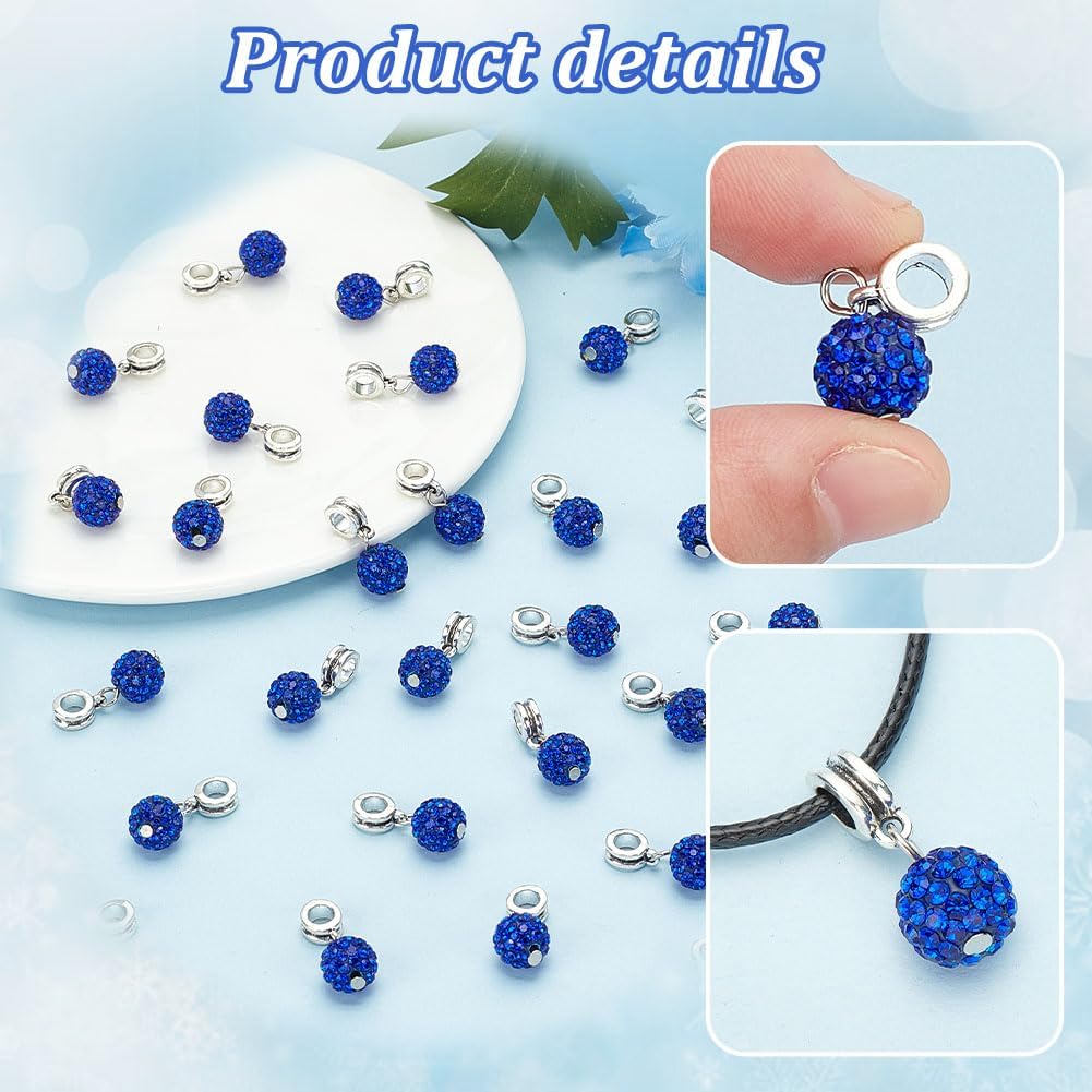 PH PandaHall 30pcs Dangle Pendant Charms, 10mm Blue Rhinestone Bead Dangle Charms European Dangle Bead 5mm Large Hole Spacer Beads Bails Connector