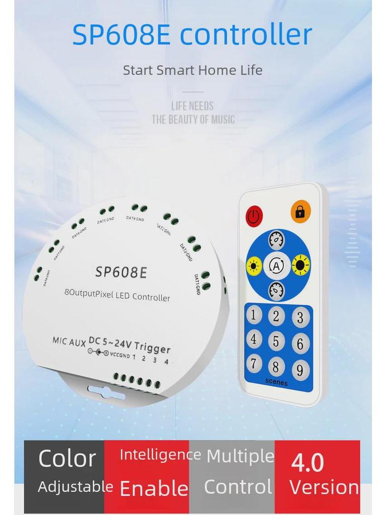 SP608E Mehrfarben-Lichtleisten-Controller: Bluetooth mit 8 unabhängigen Kanälen, kompatibel mit mobiler App, intelligente Fernbedienung.