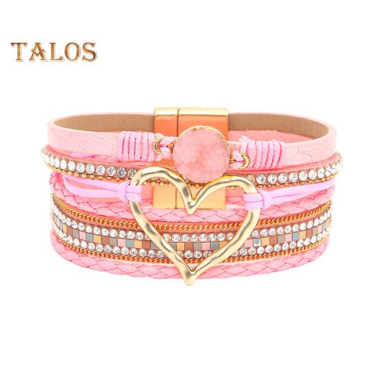 

Женский браслет, многослойный горный хрусталь, искусственная кожа, богемный стиль, плетеное сердце, легкие украшения на запястье, женский браслет, веревочный браслет розовый