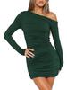 2026 Spring/Summer One-Shoulder Ruched Bodycon Dress - Women’s Long Sleeve, Sexy Slim Fit, Short European American Style