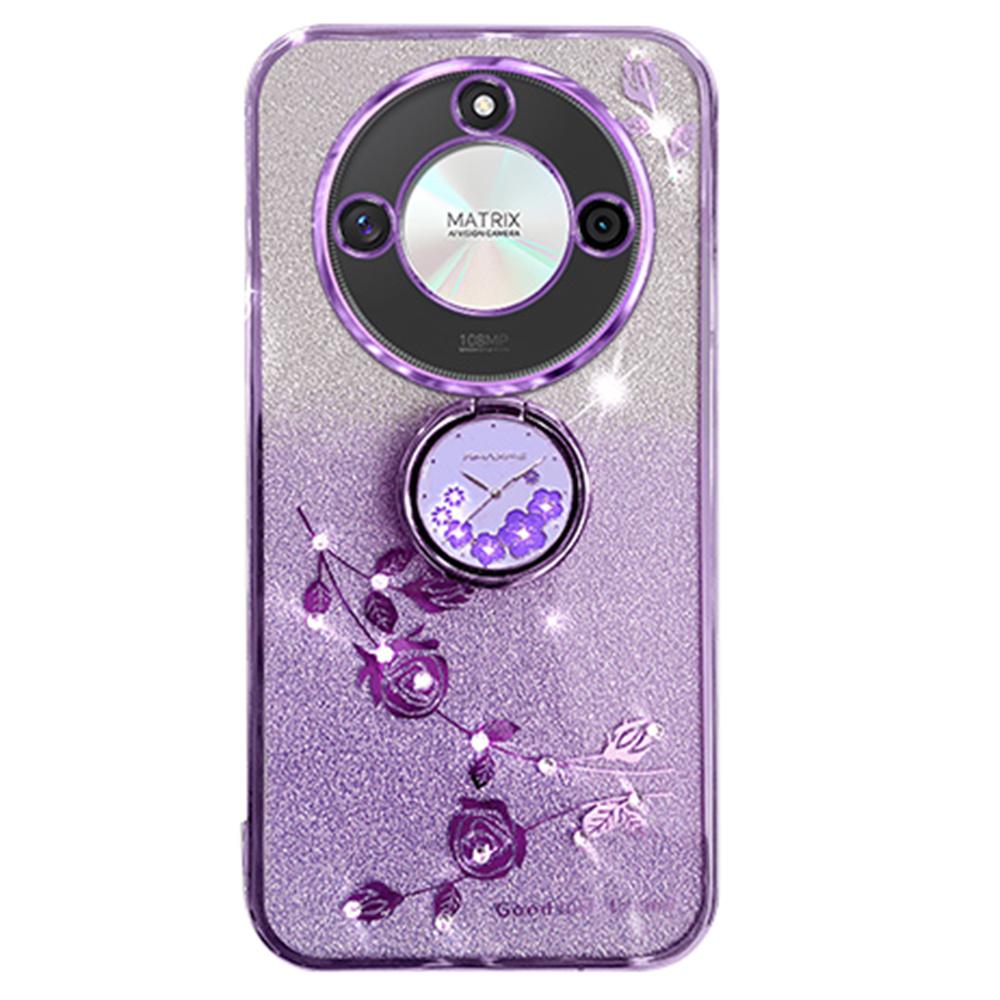 For Honor X60 5G Case Ring Kickstand TPU Flowers Phone Cover Gradient Glitter