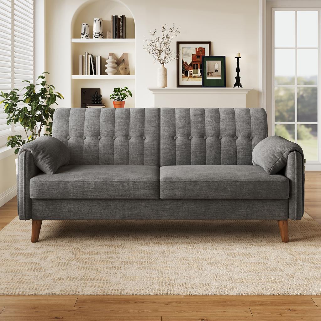 Modern 2-Seater Sofa In Chenille with Thick Seat Cushion, Tufted Backrest, 2 Armrest Cushions; Solid Wood Legs, Easy To Assemble, Light Grey