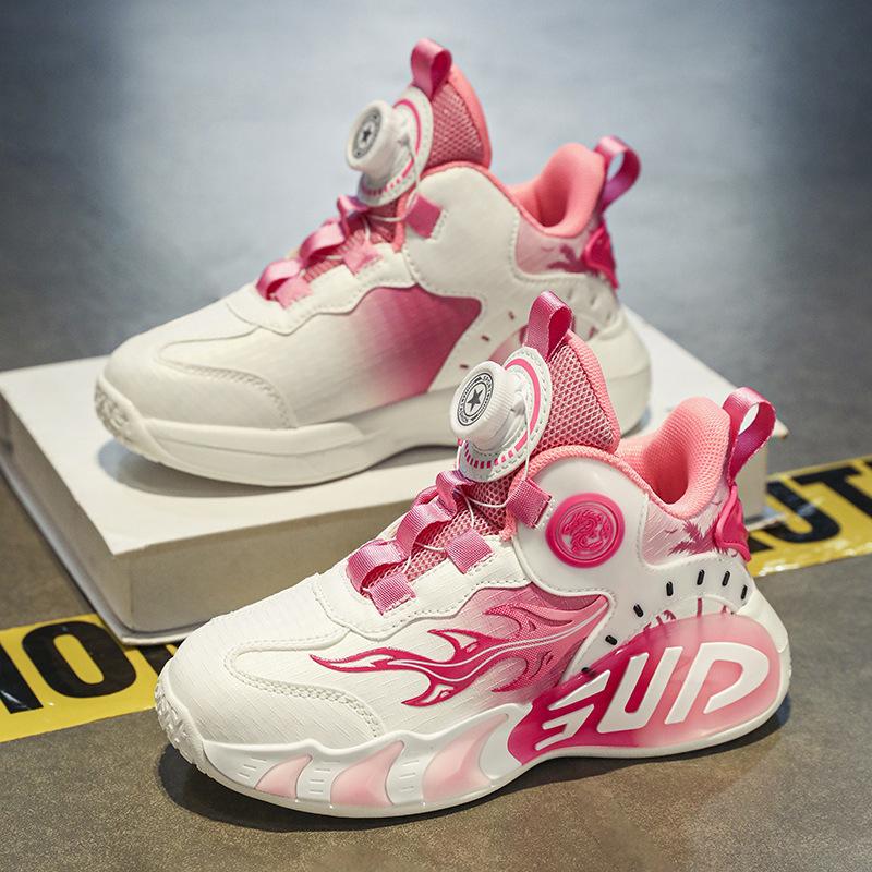 Spring and Autumn Children's Basketball Shoes Lightweight Shock Absorption Men's and Women's Sneakers Rotary Buckle Leather Surface Waterproof Single