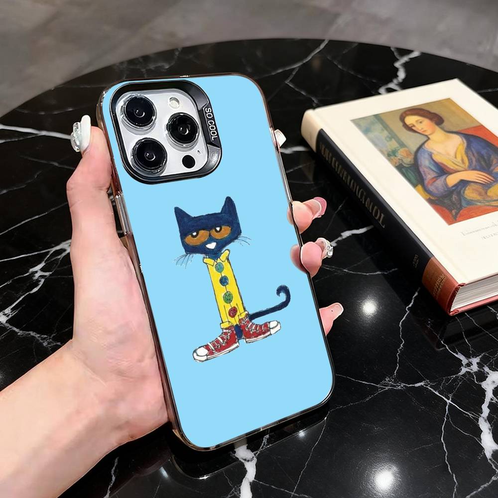 

Cute Blue Cartoon Cat Phone Case For iPhone 17,16,15,14,13,12,11 Plus,Pro Max,XS,Colored Silver Plated Inside Cover iPhone17promax