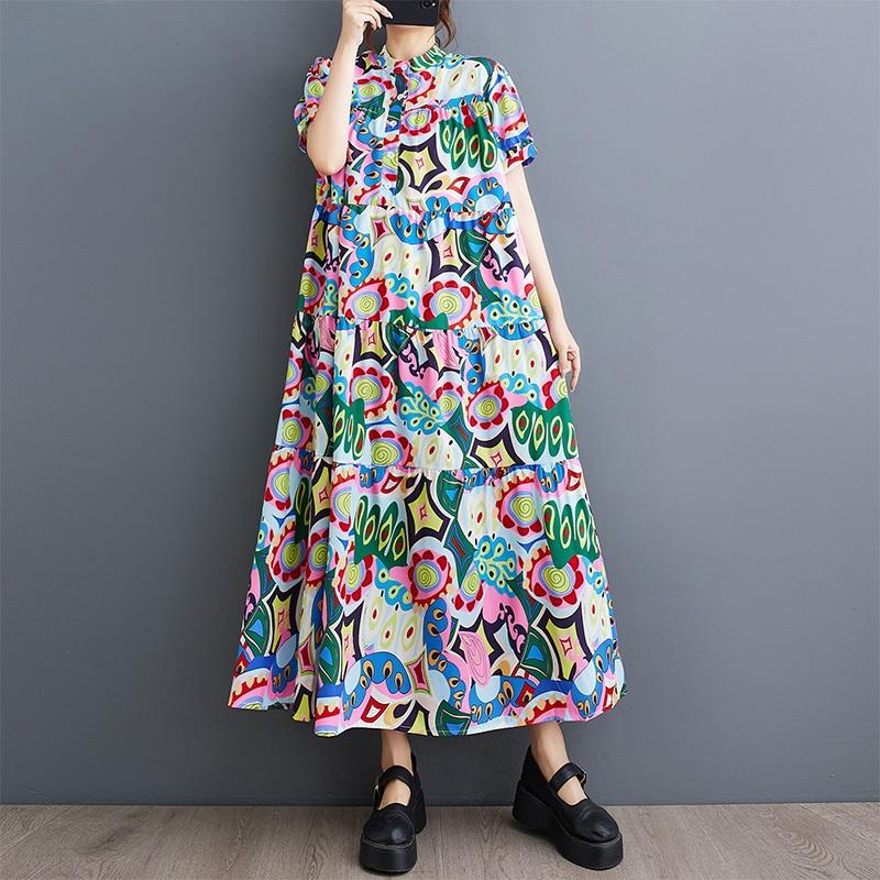 

Новое винтажное платье с цветочным принтом больших размеров с коротким рукавом для женщин, повседневное свободное длинное летнее платье зелёный
