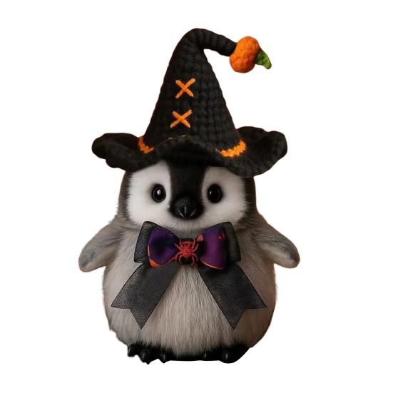 Halloween Penguin Doll 10" Penguin Plush Doll Toy with Knitted Witch Hat Small Stuffed Animal Desktop Decoration Gifts for Kids Boys Girls