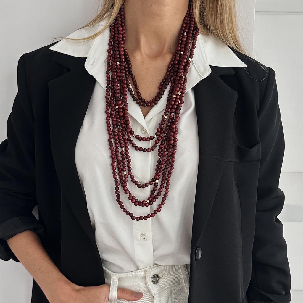 Ethnic Style Multi-Layer Stacked Wooden Bead Beaded Necklace, Exaggerated Waterfall-Shaped Long Multi-Layer Sweater Chain