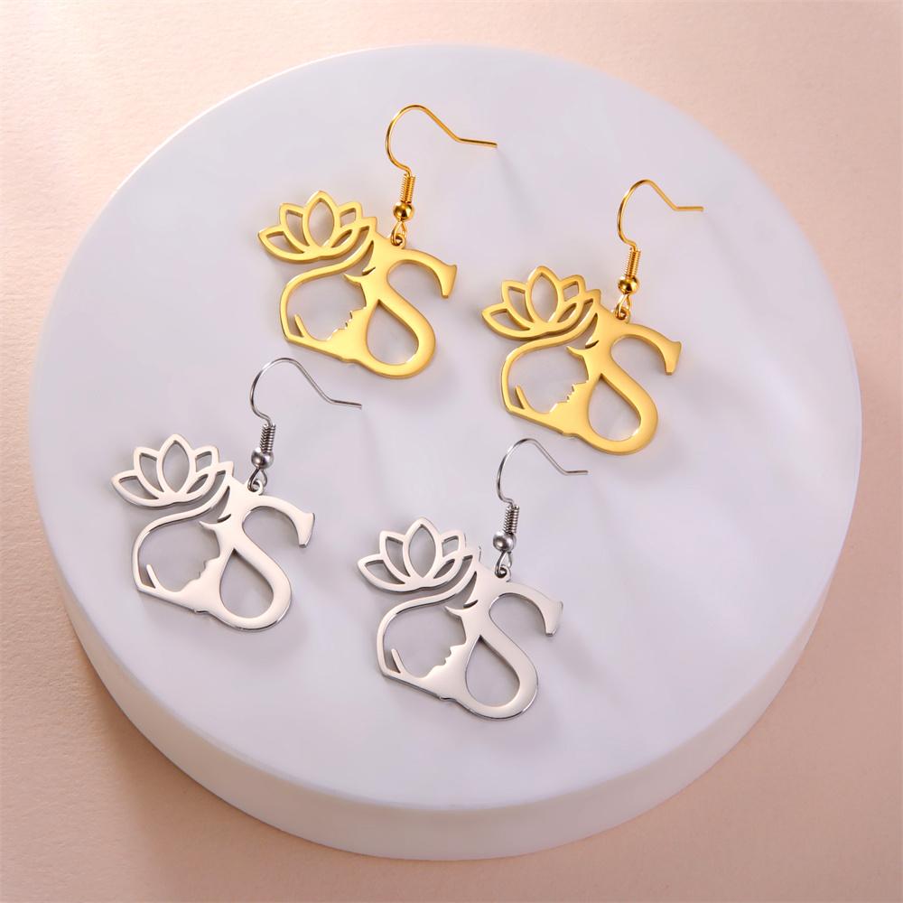 My Shape Beauty Flower Letter Drop Earrings for Women A-Z Alphabet Initials Lotus Stainless Steel Fashion Jewelry Kids Female