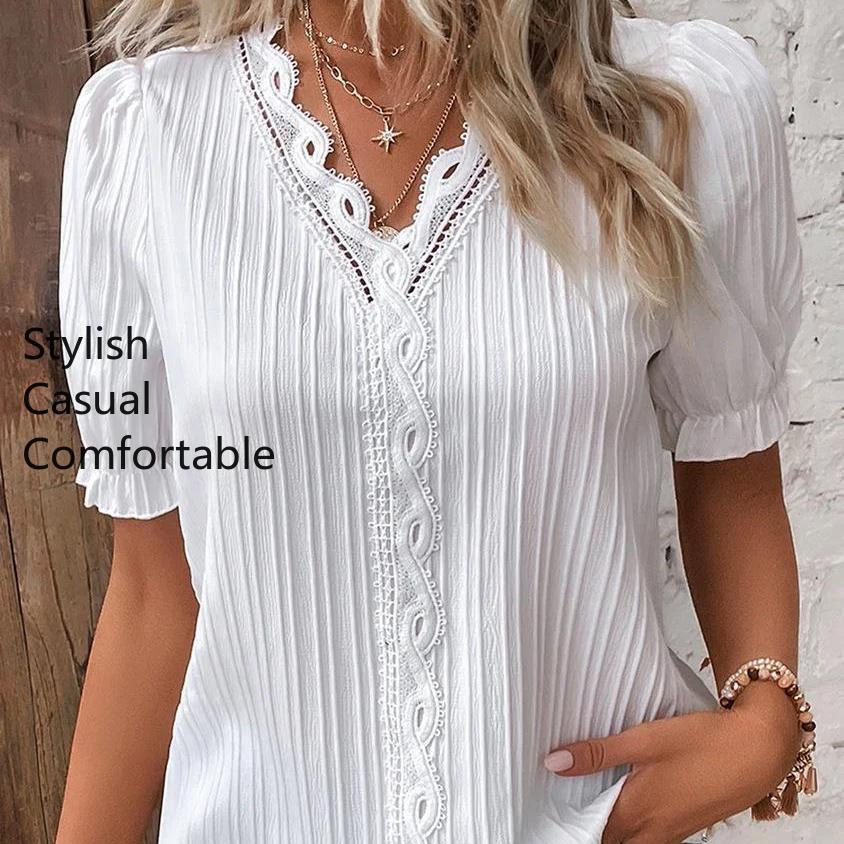 YYFS Women's Fashion Casual Summer Spring Solid Color Print Short Sleeve V-Neck Blouses & Shirts