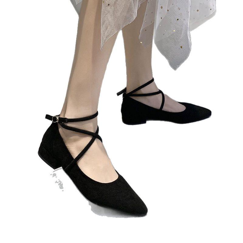 Black pointed single shoes women's spring 2025 new versatile straps light mouth low heel gentle fairy style evening shoes