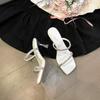 2025 New  Design Style Hollow Out Crystal Diamond Narrow Band Women Slippers Fashion Square Toe Thin Heels Stripper Shoes