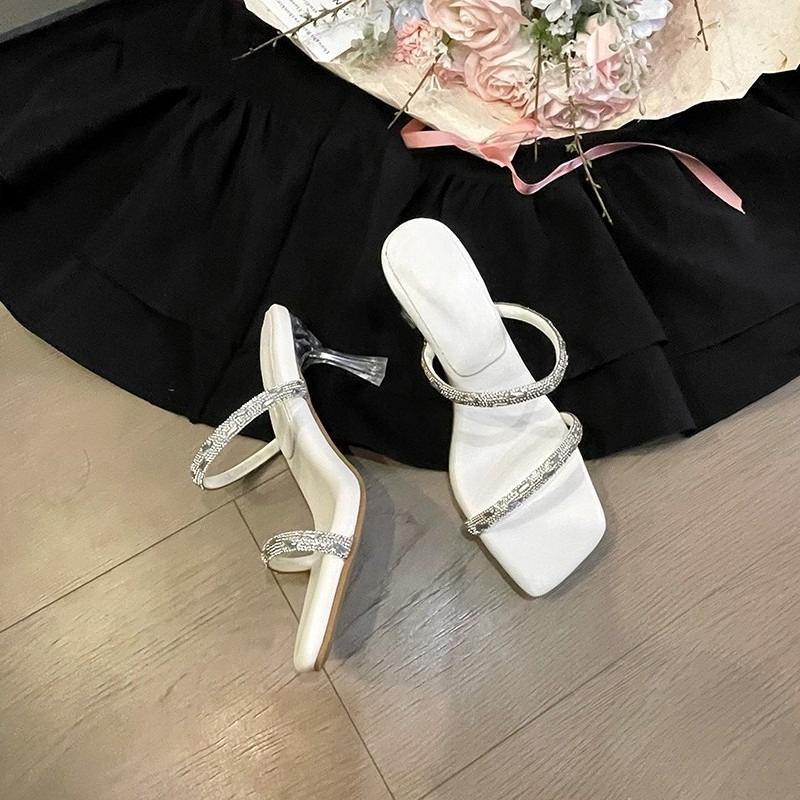 

2025 New Design Style Hollow Out Crystal Diamond Narrow Band Women Slippers Square Toe Thin Heels Stripper Shoes 35