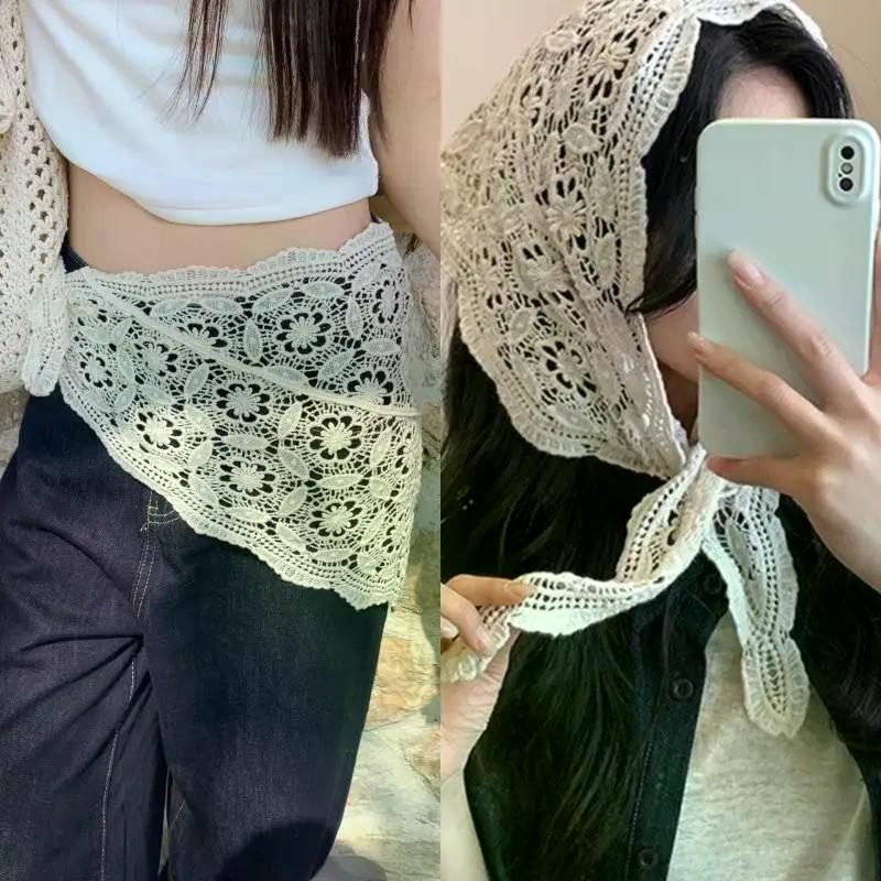 Trendy Lace Hollow Out Triangle Hair Scarf Headband Women Girls Mini Skirt Y2K Hip Curtain Waist Chain Waist Accessories
