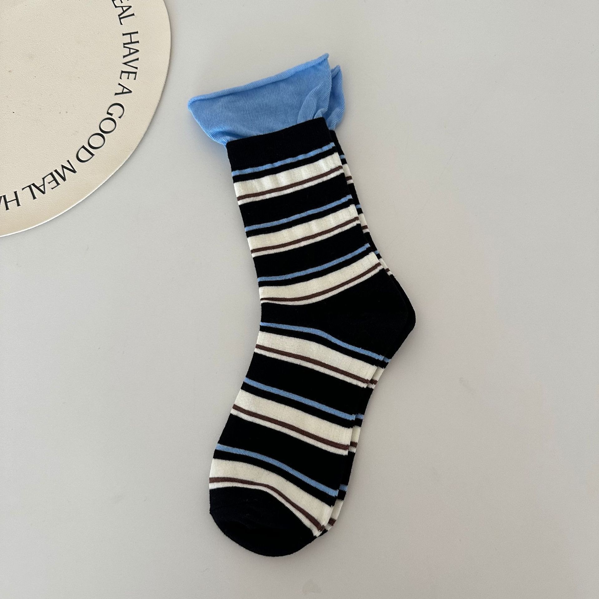 

Retro Pickle Green Wide Mouth Foreign Contrast Striped Splicing Mid-Leg Socks Striped Stacked Socks Pink Cotton Socks One size fits all чорний