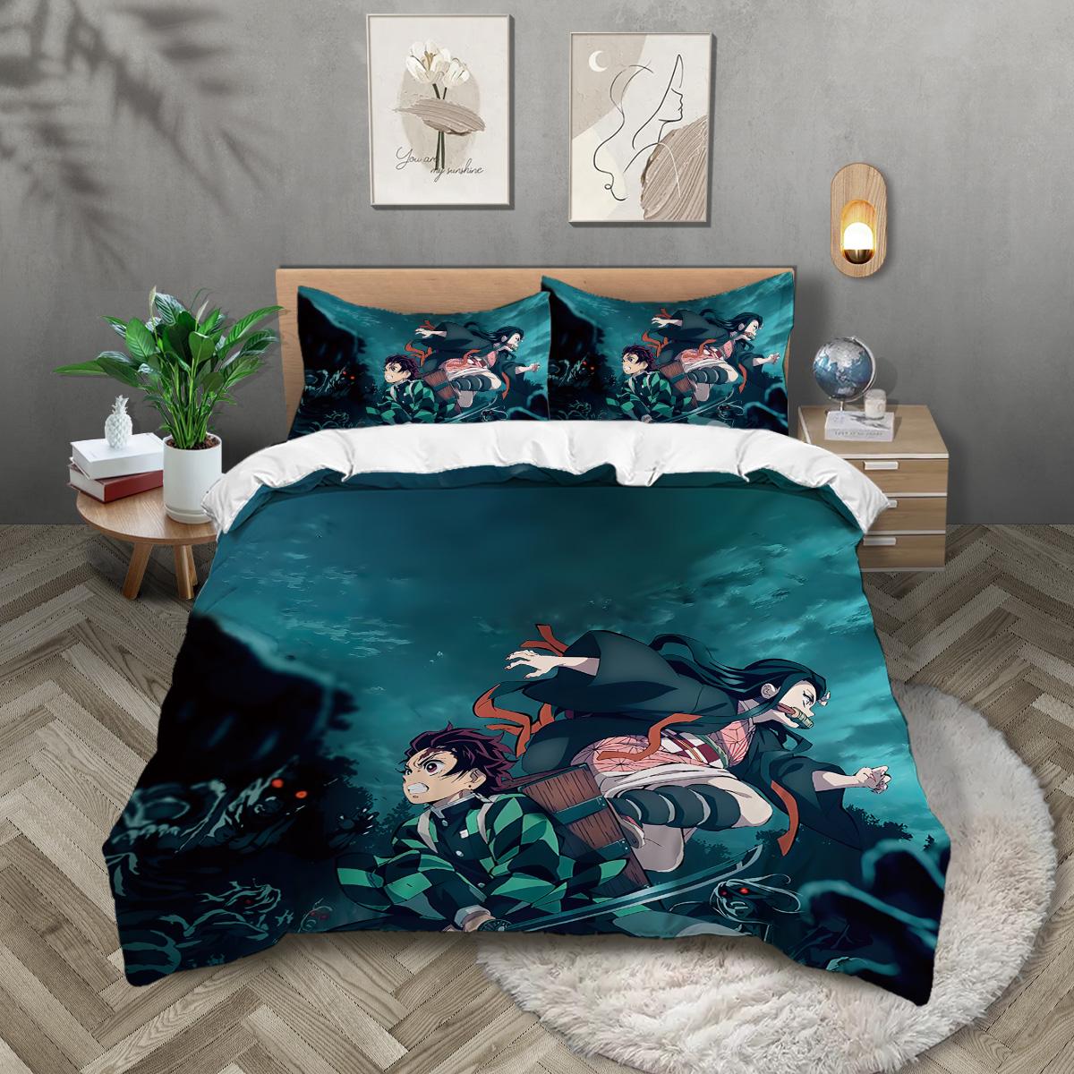

3pcs Demon Slayer 3D printing 1 quilt cover + 2 pillowcases Skin-friendly, warm and soft, home bedroom bedding set 135x200cm-EU-Single&set