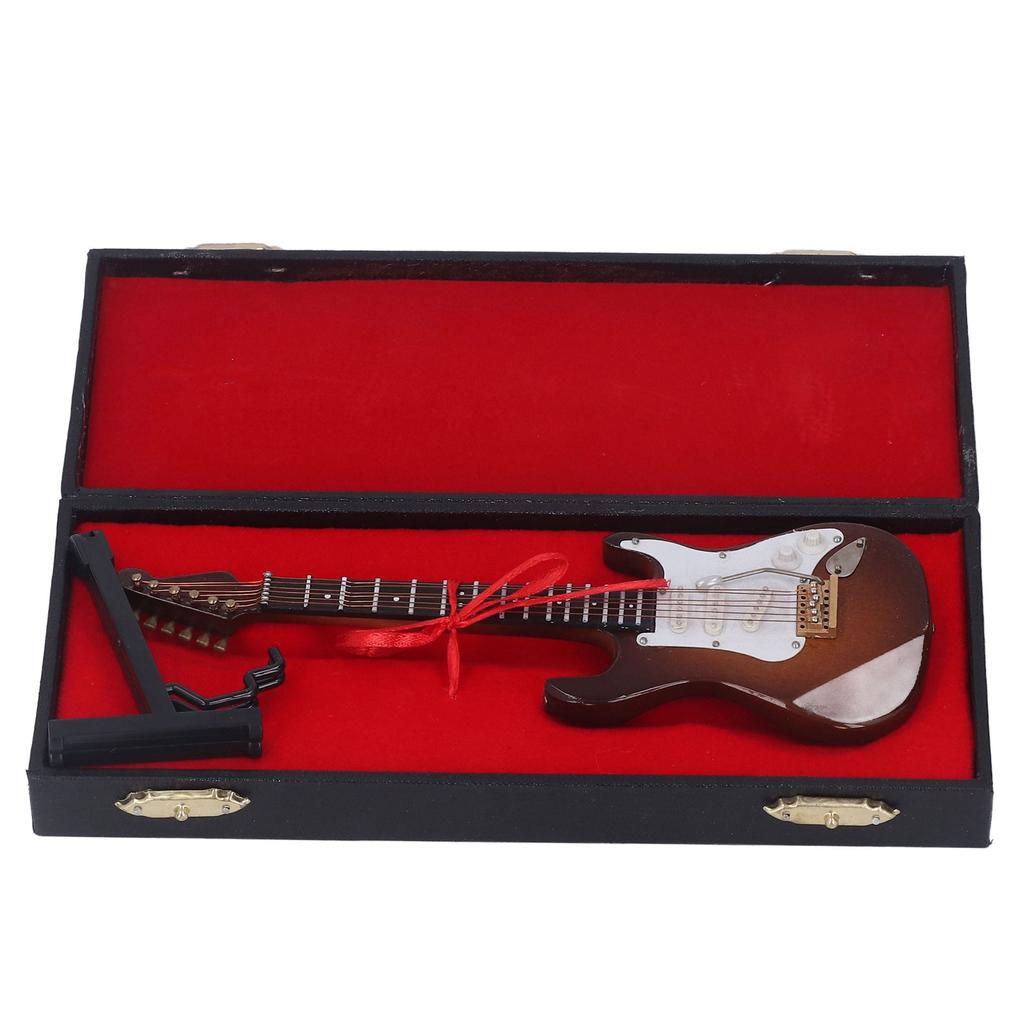Miniature Electric Guitar Coffee Color 7.1in Long Wood Coated Surface Mini Guitar Model with Holder
