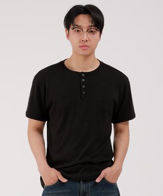 Dibellobeu Slub Henley Neck Short Sleeve T-Shirt_Black