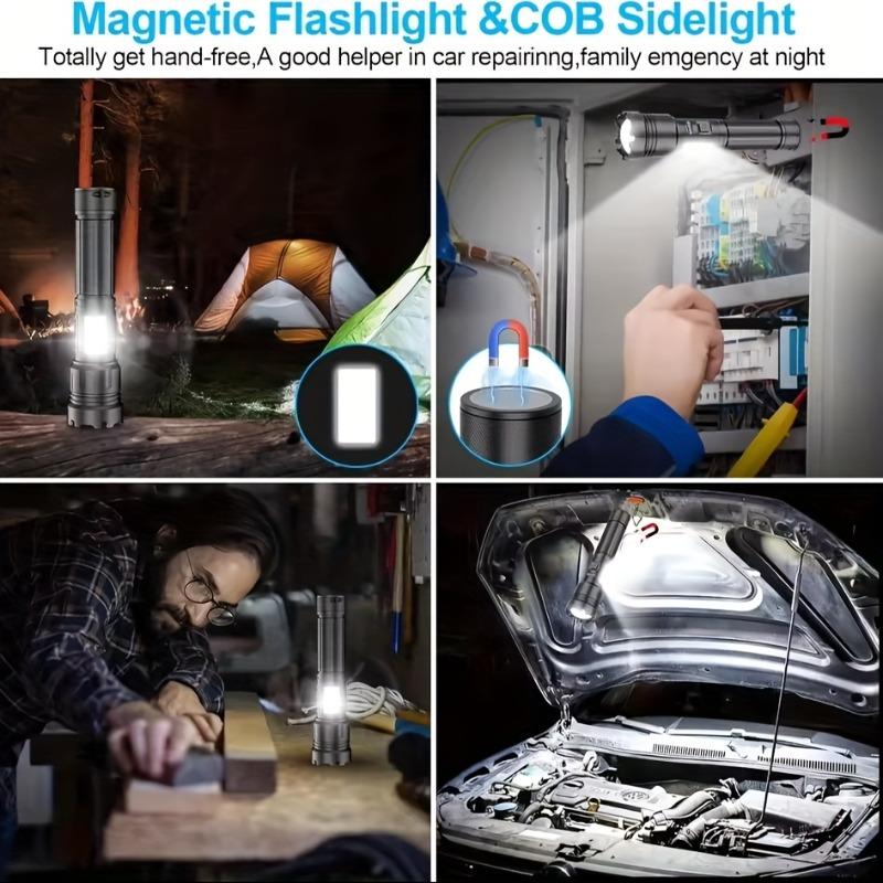 Ultra Bright Magnetic Rechargeable LED Flashlight with Adjustable Beam and COB Work Light Suitable for Emergency Situations and Outdoor Activities