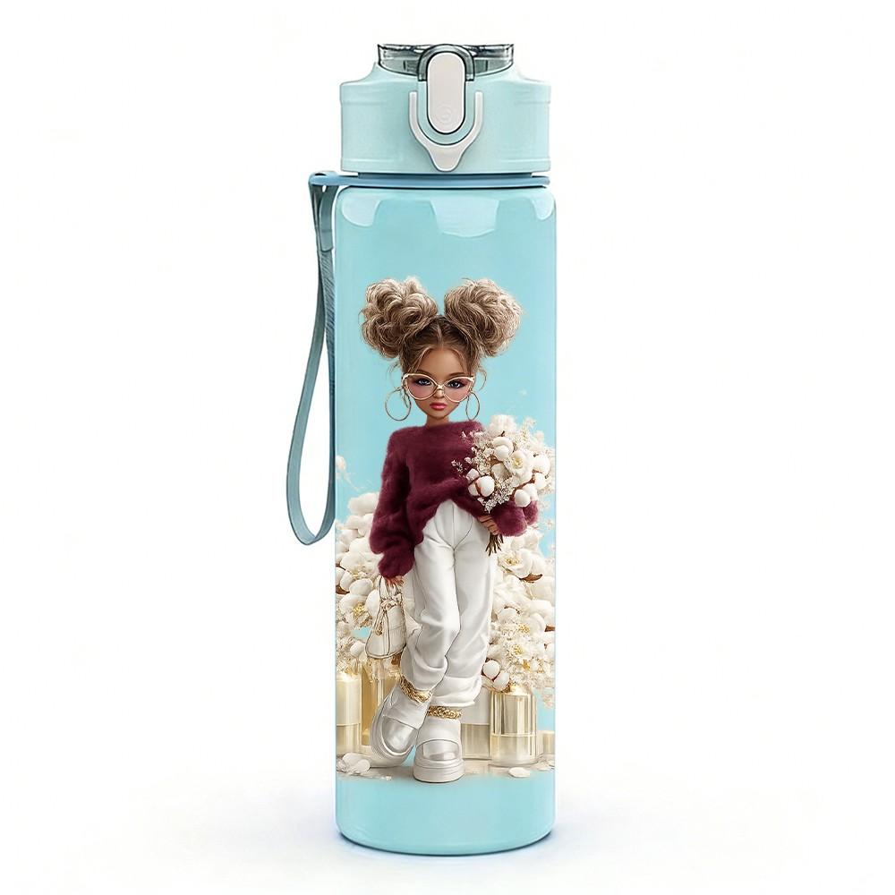 1PC Vintage Fashion Lady Portrait Print 750ml Color Plastic Sports Water Bottle Leakproof Flip Straw Lid Suitable for Sports Office Home Use